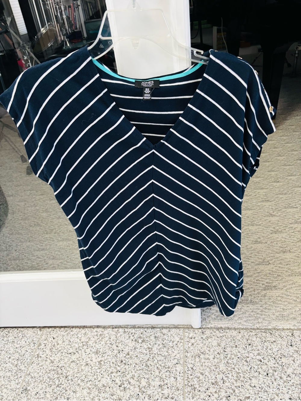 JONES NEW YORK, Navy & White Striped V-Neck Women's Top, Size Medium